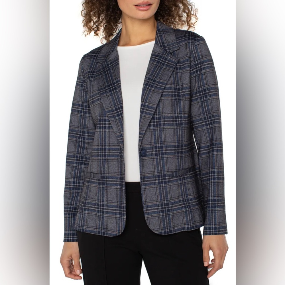LIVERPOOL women’s Large One Button Plaid  Jacket - Blue and Gray. NWOT